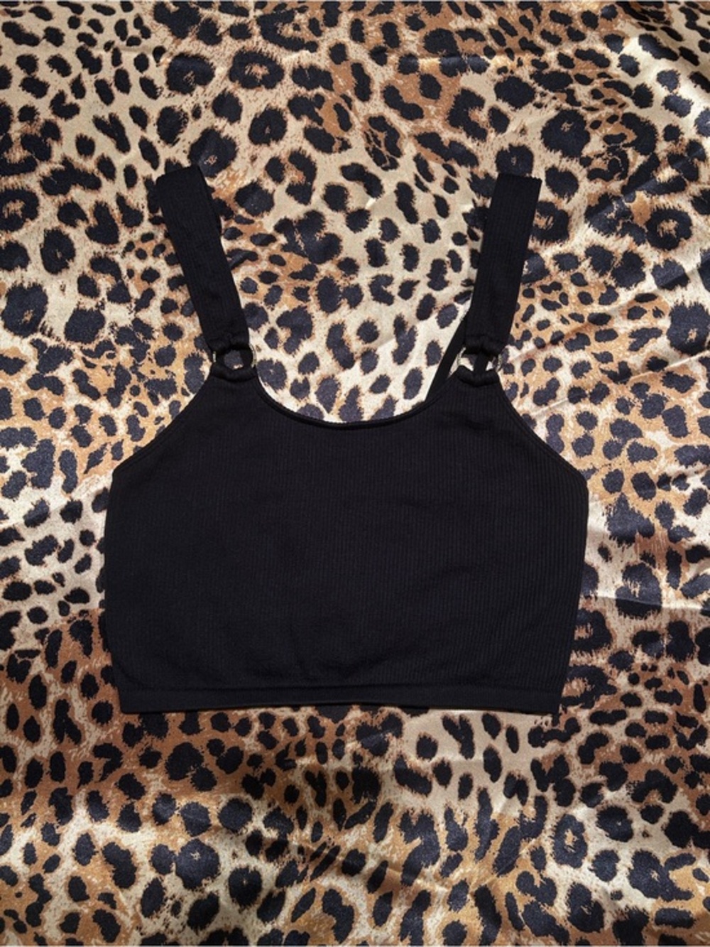 Aerie Black Ribbed Seamless Bralette Top with Gold O Rings on Straps